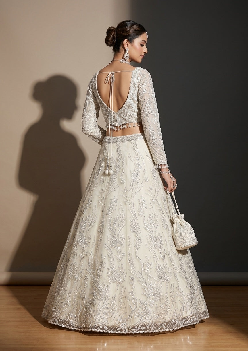 Off White Sequins Net Readymade Lehenga