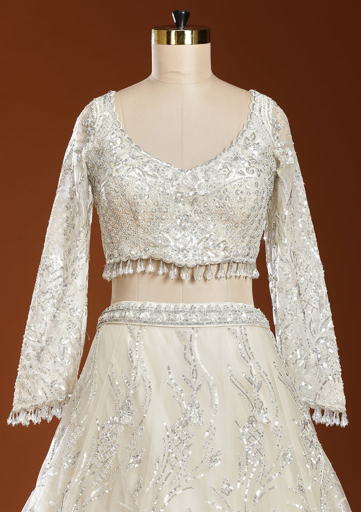 Off White Sequins Net Readymade Lehenga