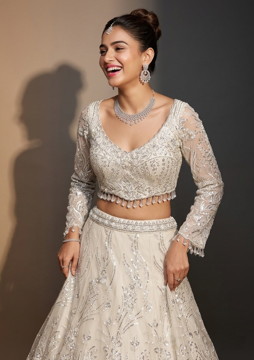 Off White Sequins Net Readymade Lehenga