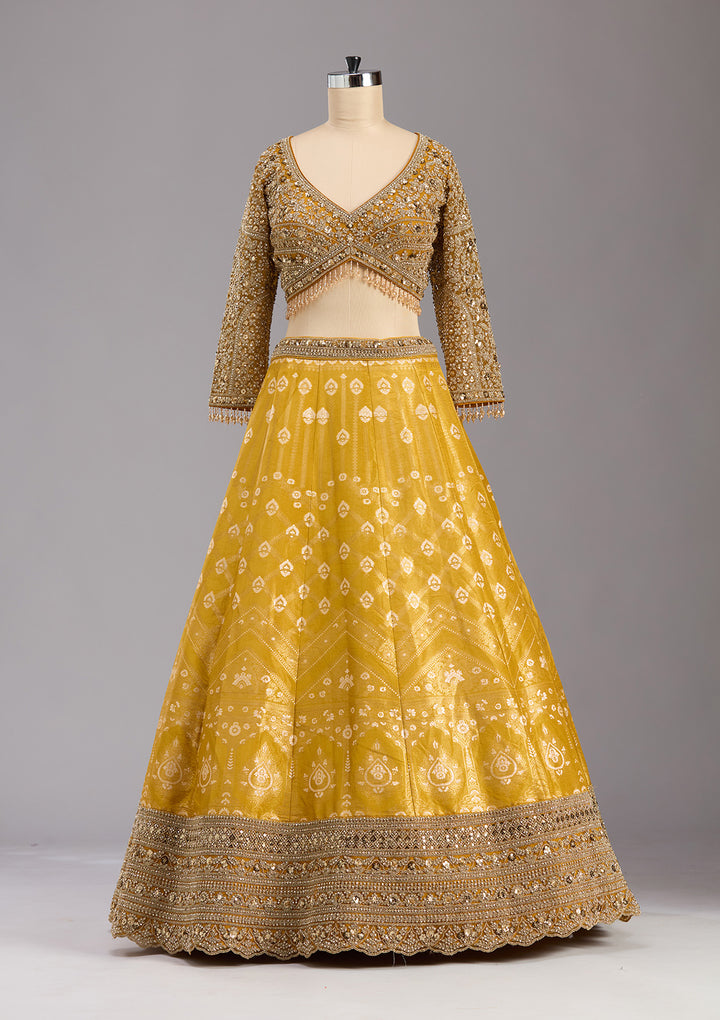 Mustard Cording Banarasi Readymade Lehenga