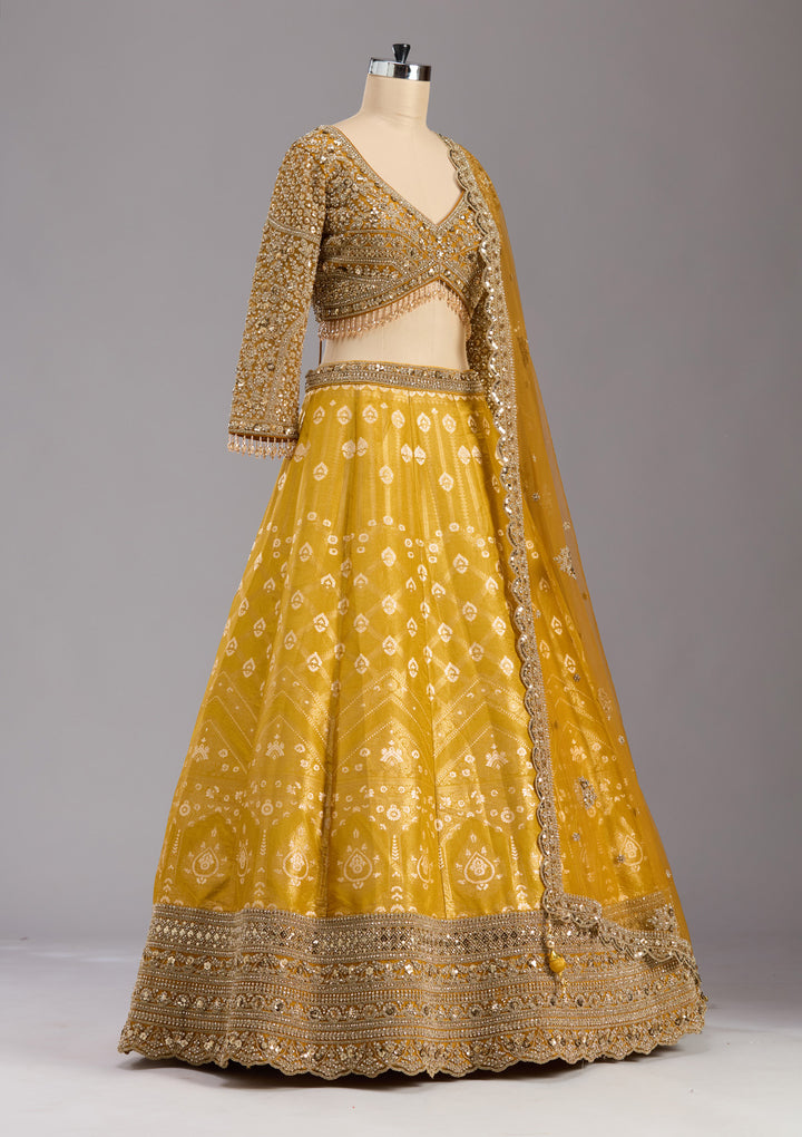 Mustard Cording Banarasi Readymade Lehenga