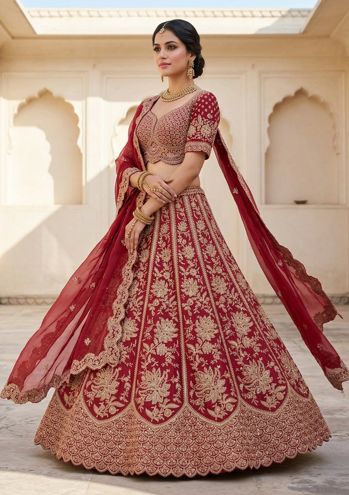 Dark Maroon Zardozi (Gold) Raw Silk Readymade Lehenga