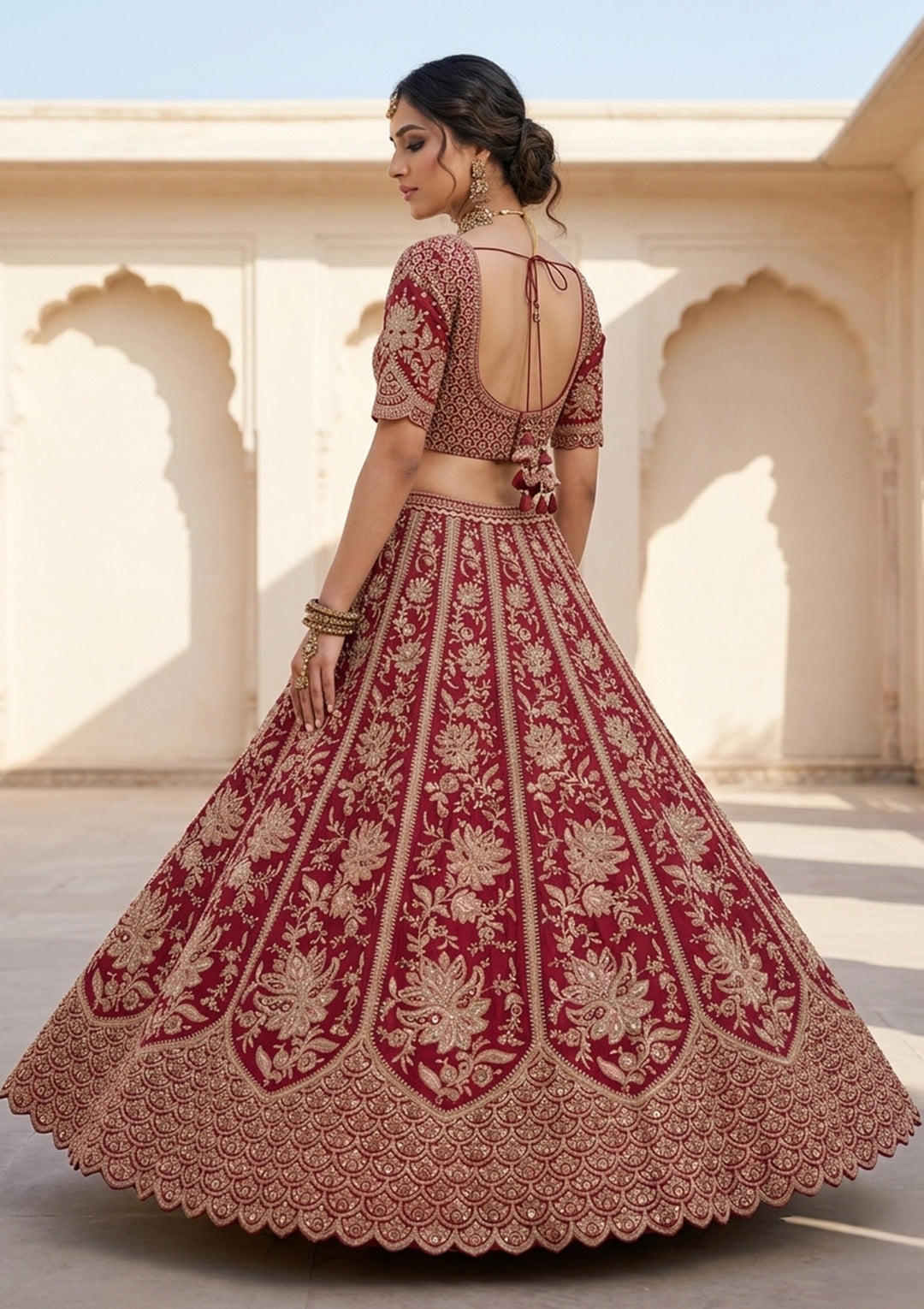 Dark Maroon Zardozi (Gold) Raw Silk Readymade Lehenga