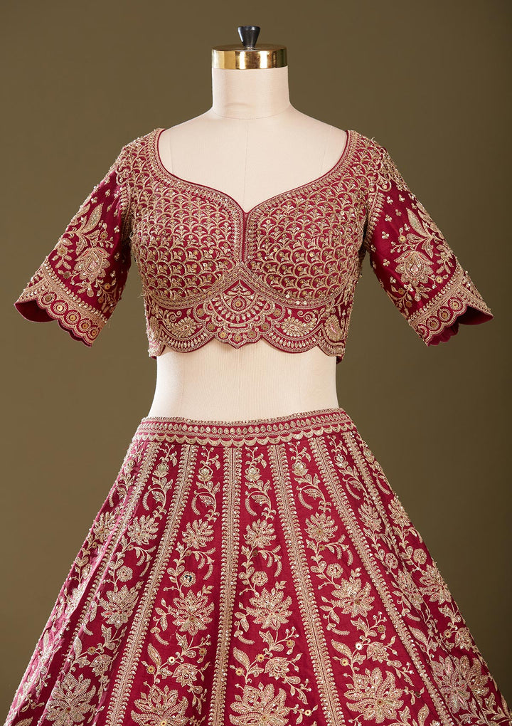 Dark Maroon Zardozi (Gold) Raw Silk Readymade Lehenga