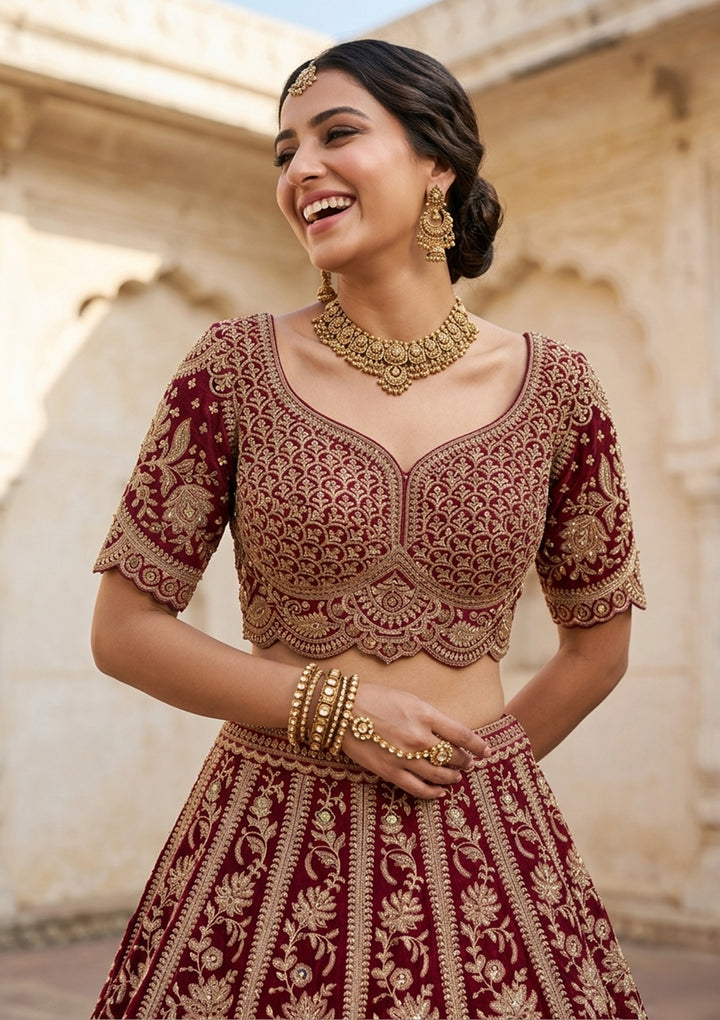 Dark Maroon Zardozi (Gold) Raw Silk Readymade Lehenga