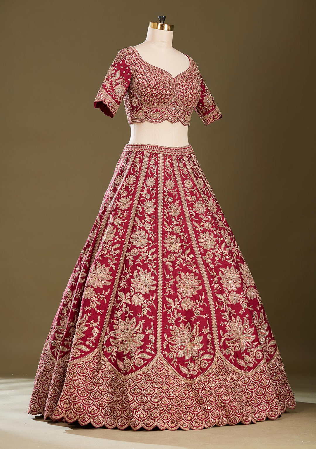 Dark Maroon Zardozi (Gold) Raw Silk Readymade Lehenga