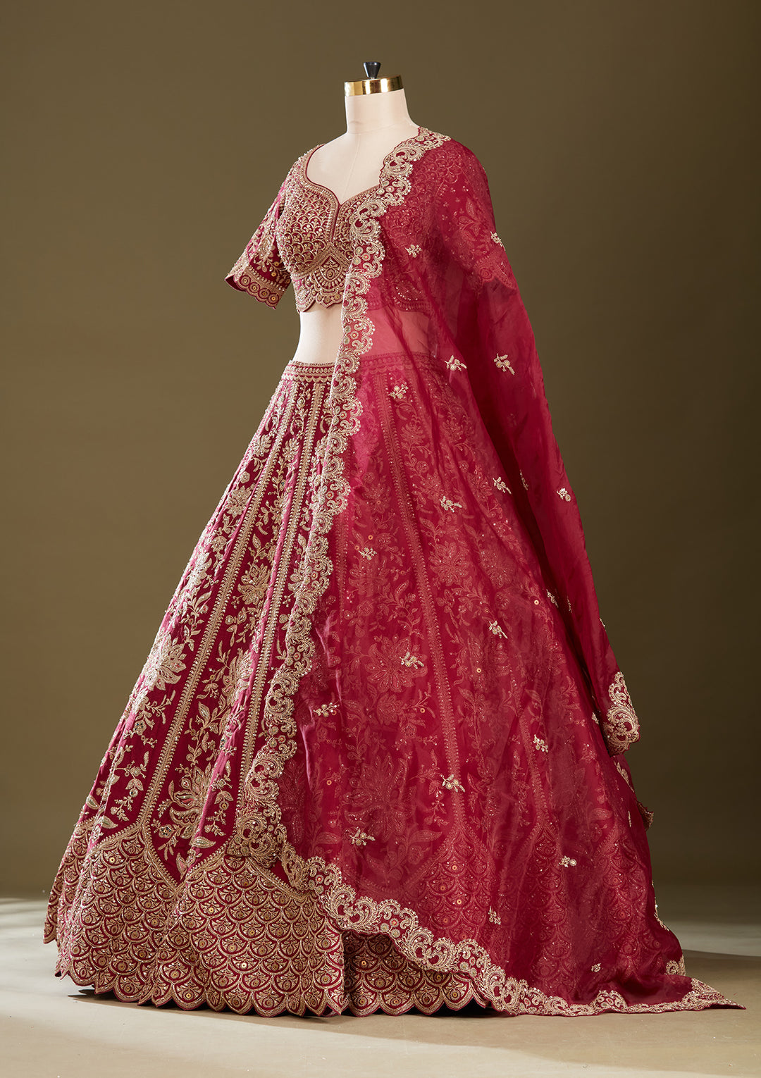 Dark Maroon Zardozi (Gold) Raw Silk Readymade Lehenga