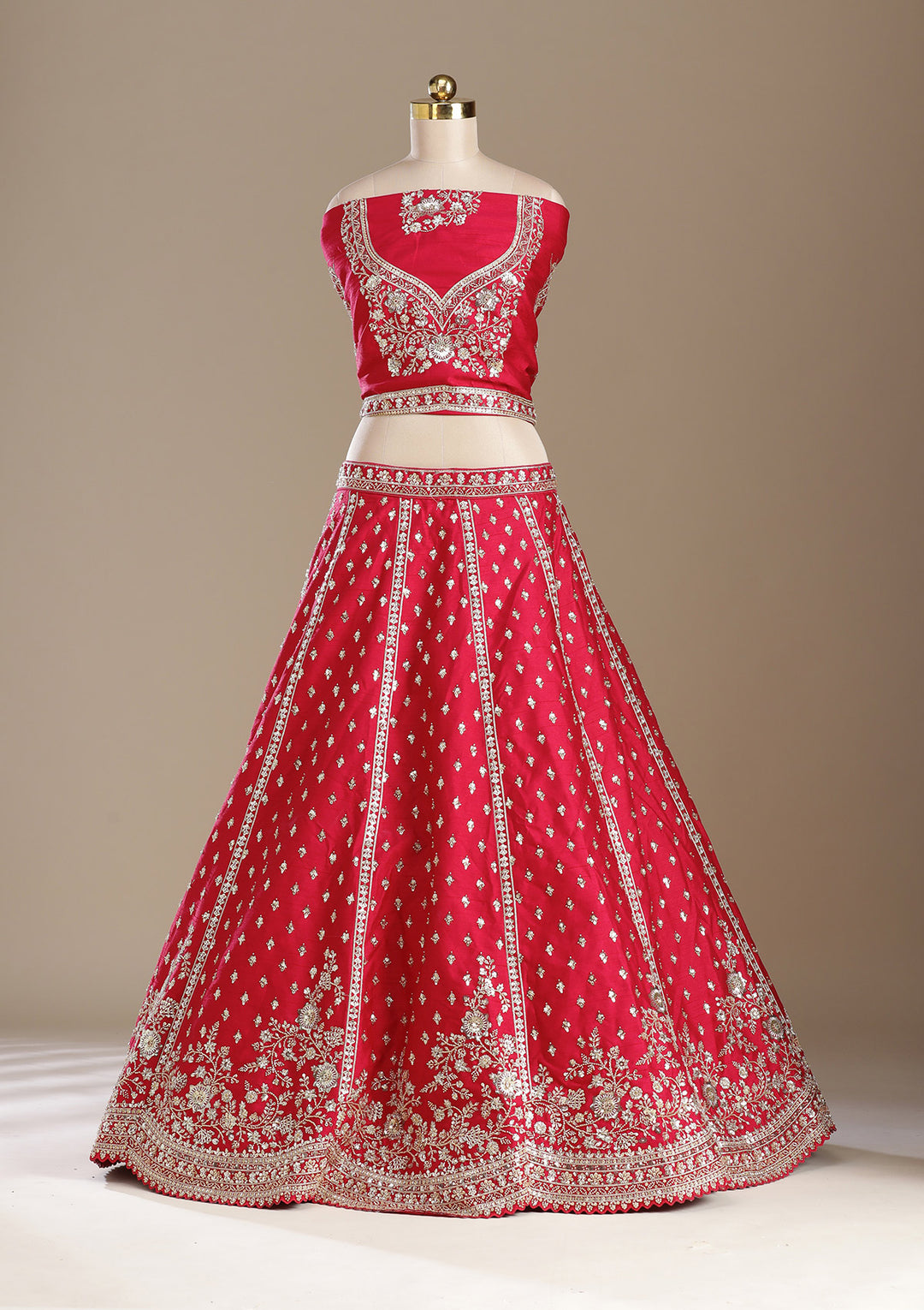 Red Cording Raw Silk Semi-Stitched Lehenga