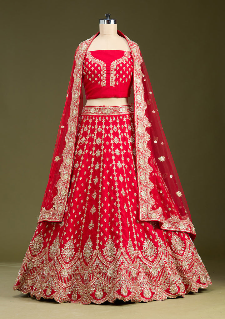 Red Cutdana Raw Silk Semi-Stitched Lehenga