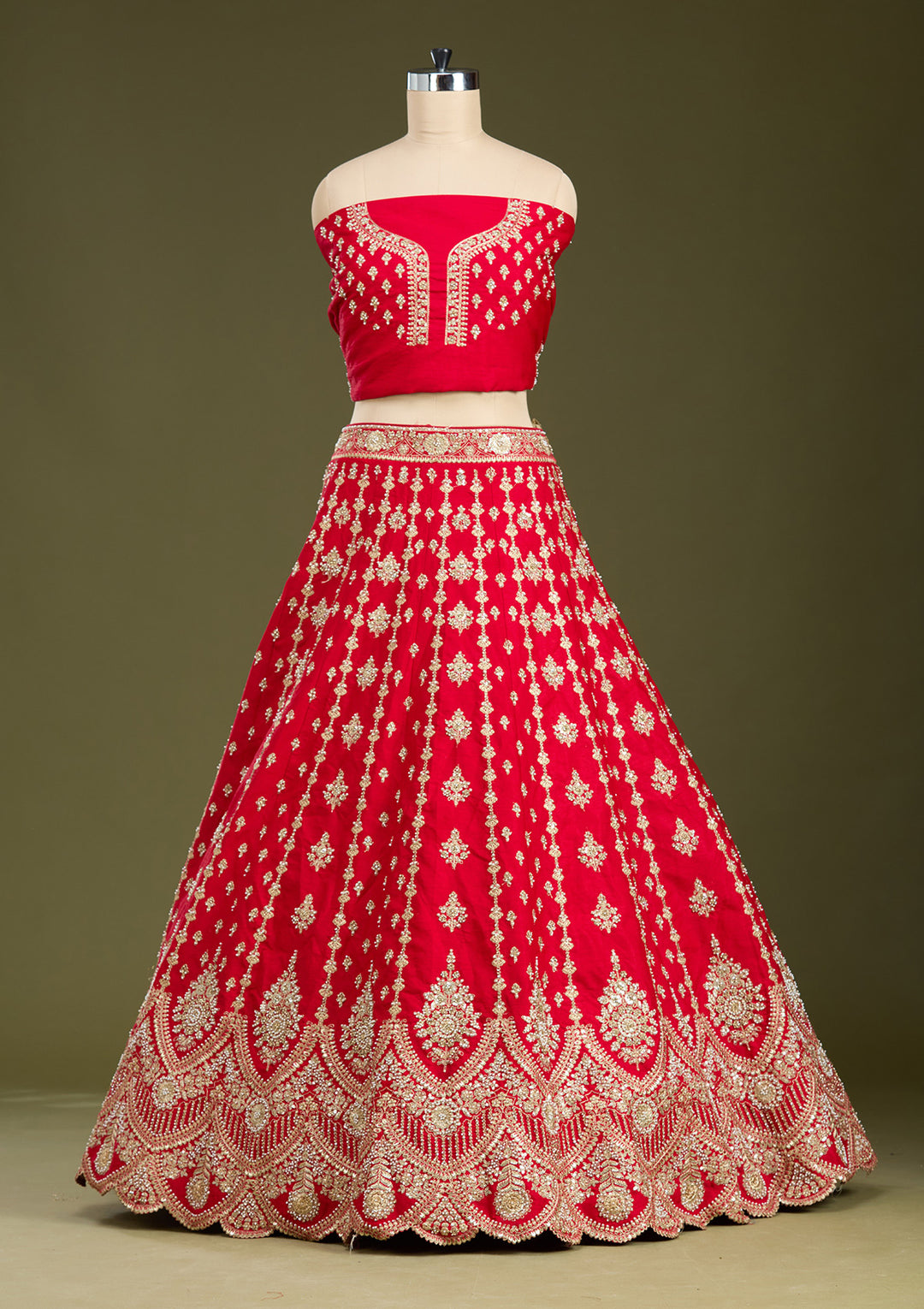 Red Cutdana Raw Silk Semi-Stitched Lehenga