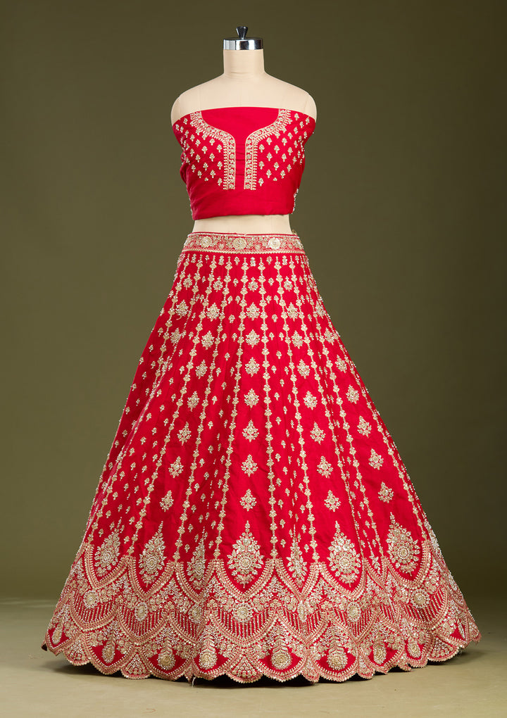 Red Cutdana Raw Silk Semi-Stitched Lehenga