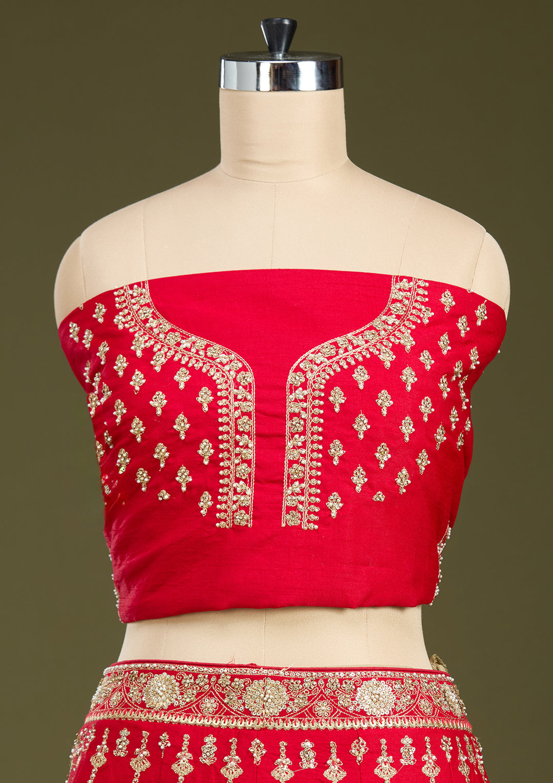 Red Cutdana Raw Silk Semi-Stitched Lehenga