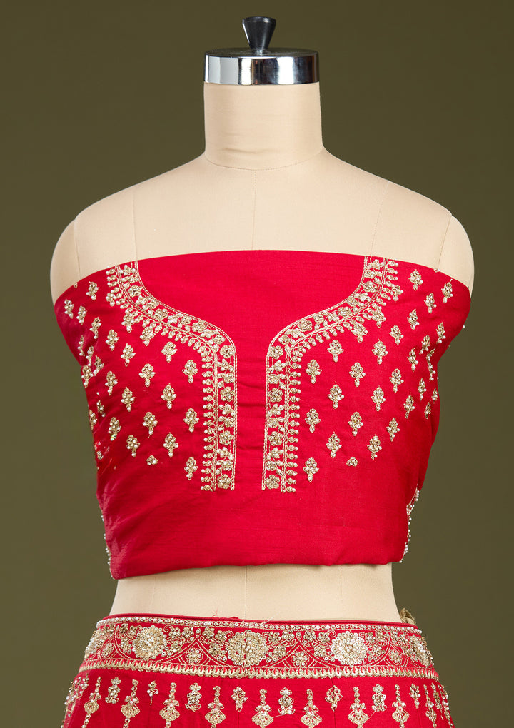 Red Cutdana Raw Silk Semi-Stitched Lehenga