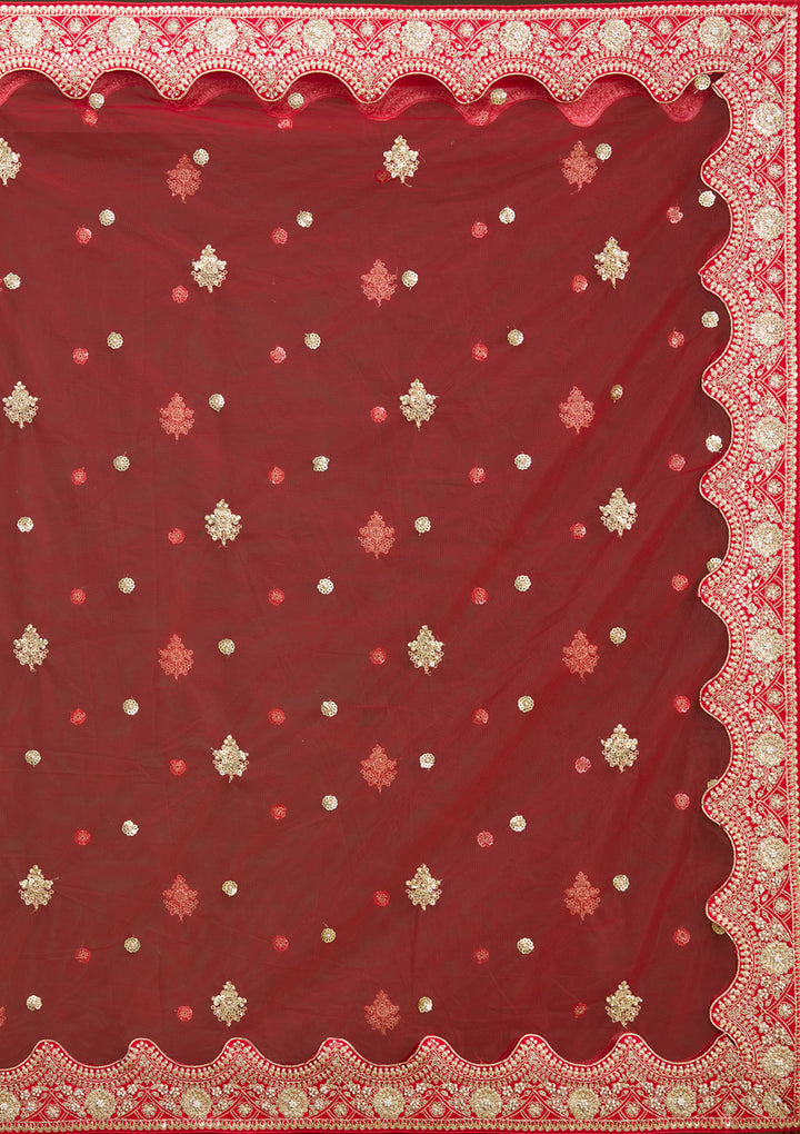 Red Cutdana Raw Silk Semi-Stitched Lehenga