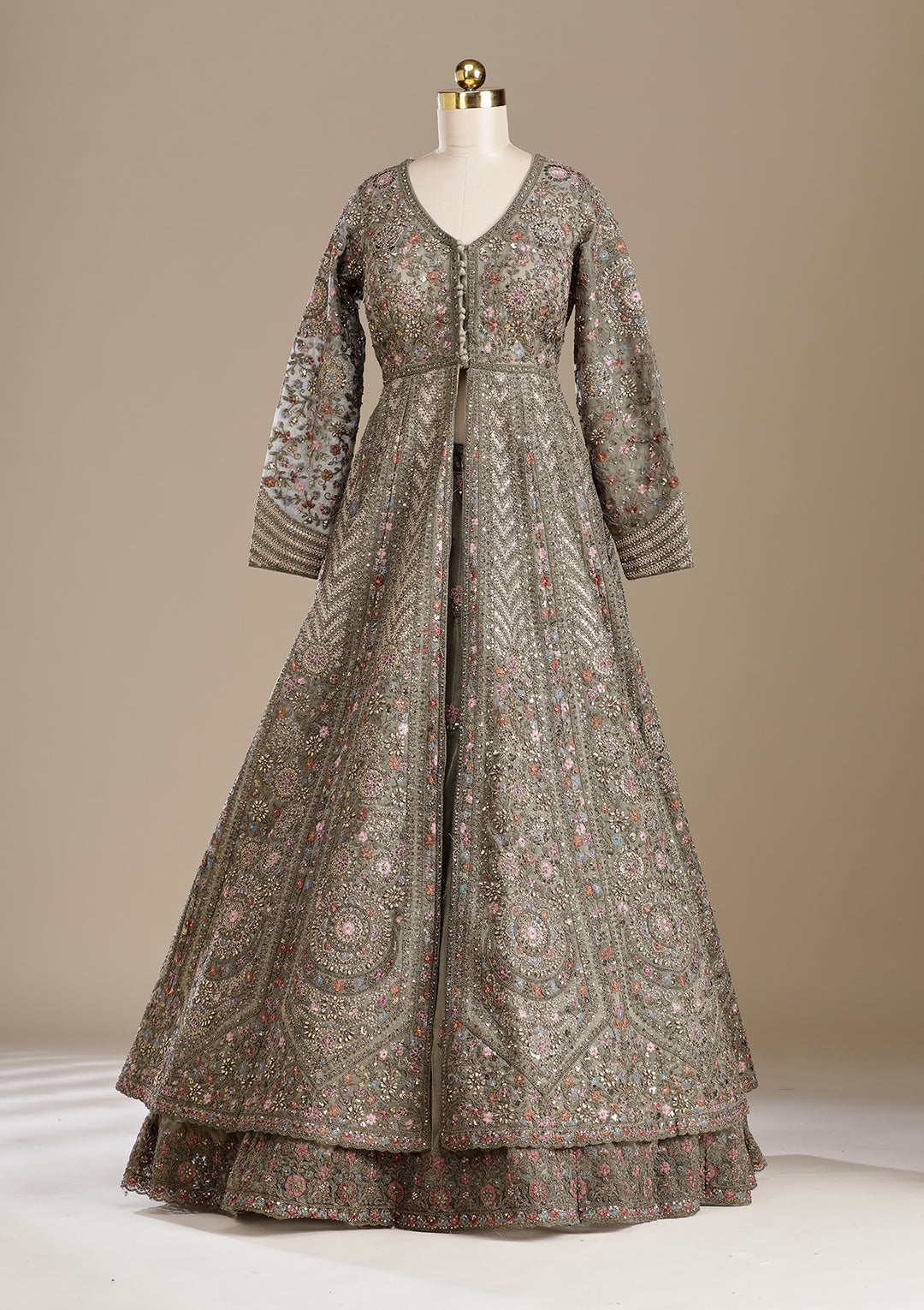 Mehendi Zariwork (Antique) Net Readymade Lehenga