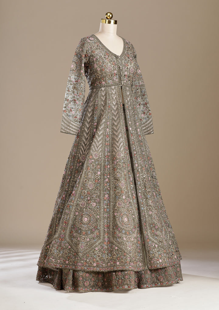 Mehendi Zariwork (Antique) Net Readymade Lehenga