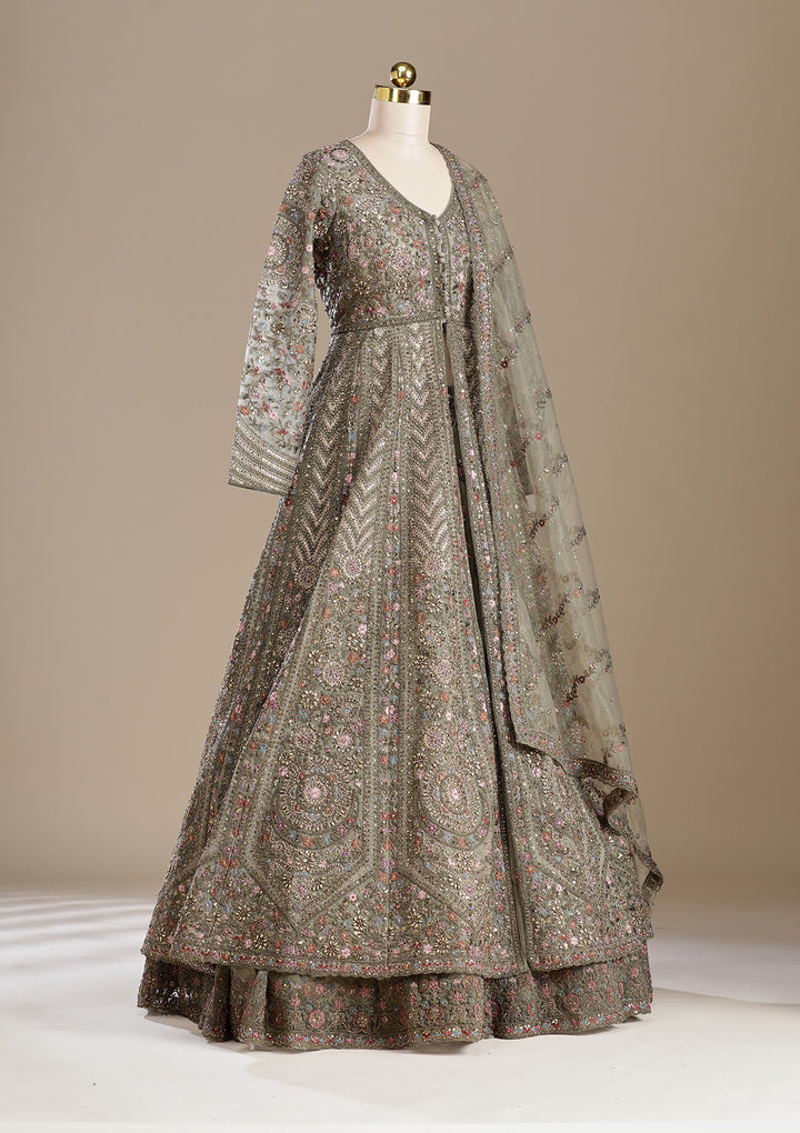 Mehendi Zariwork (Antique) Net Readymade Lehenga