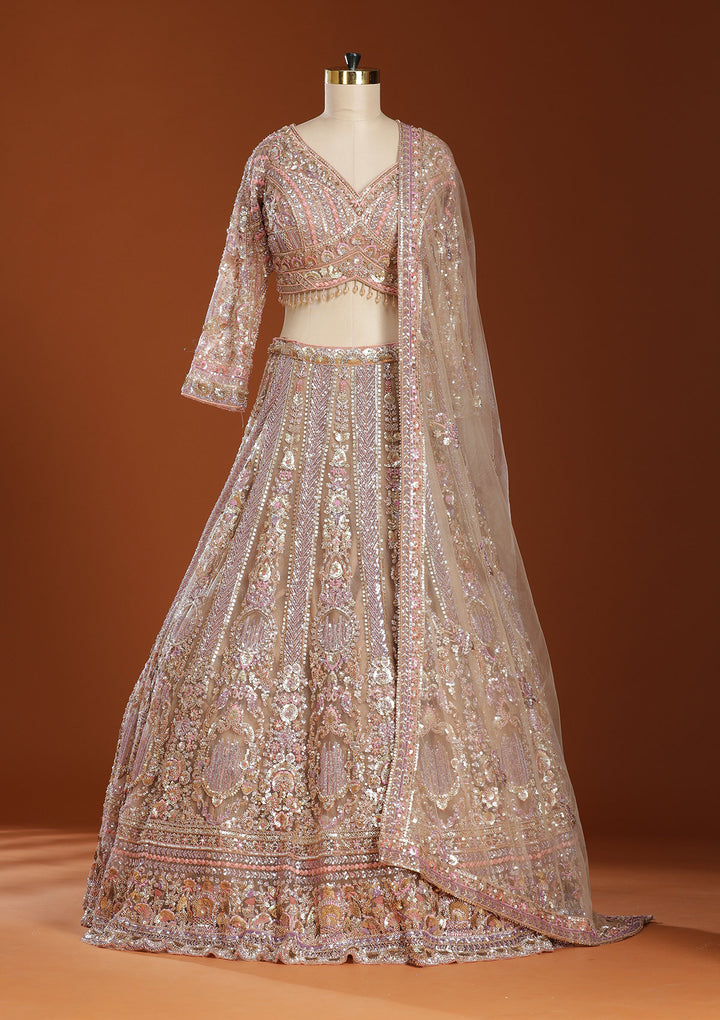 Light Peach Sequins Net Readymade Lehenga