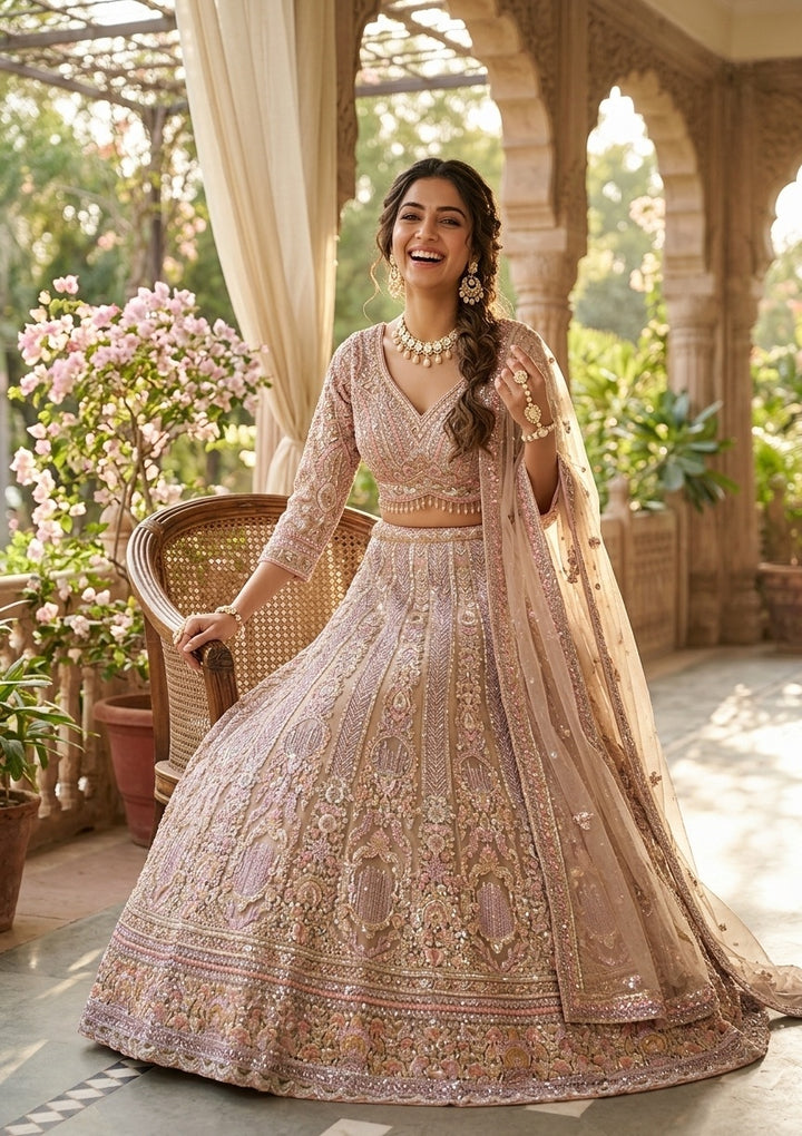 Light Peach Sequins Net Readymade Lehenga