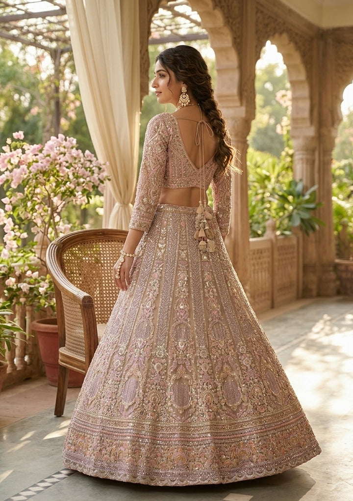 Light Peach Sequins Net Readymade Lehenga