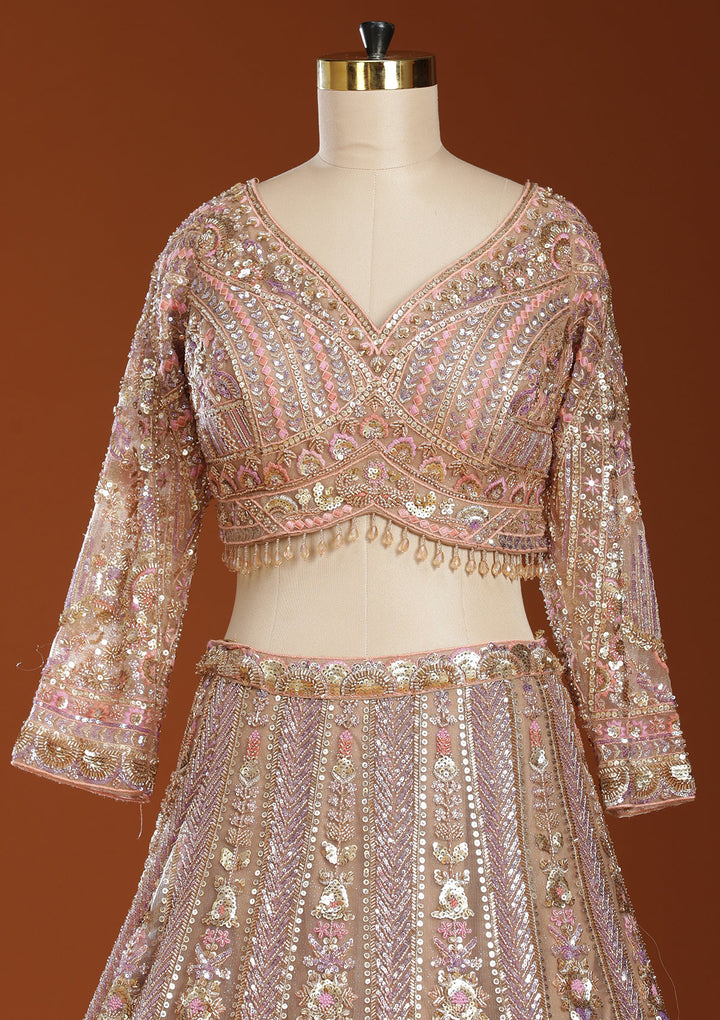 Light Peach Sequins Net Readymade Lehenga