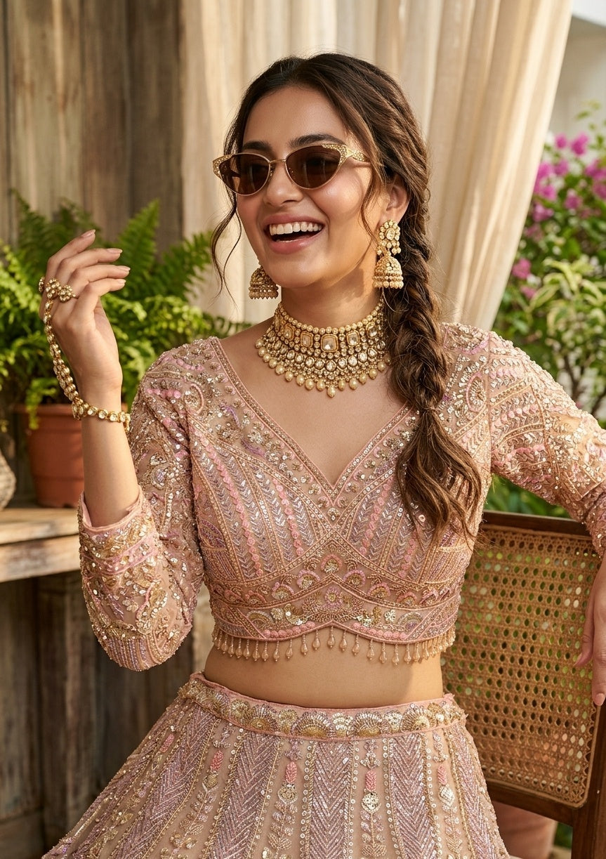 Light Peach Sequins Net Readymade Lehenga