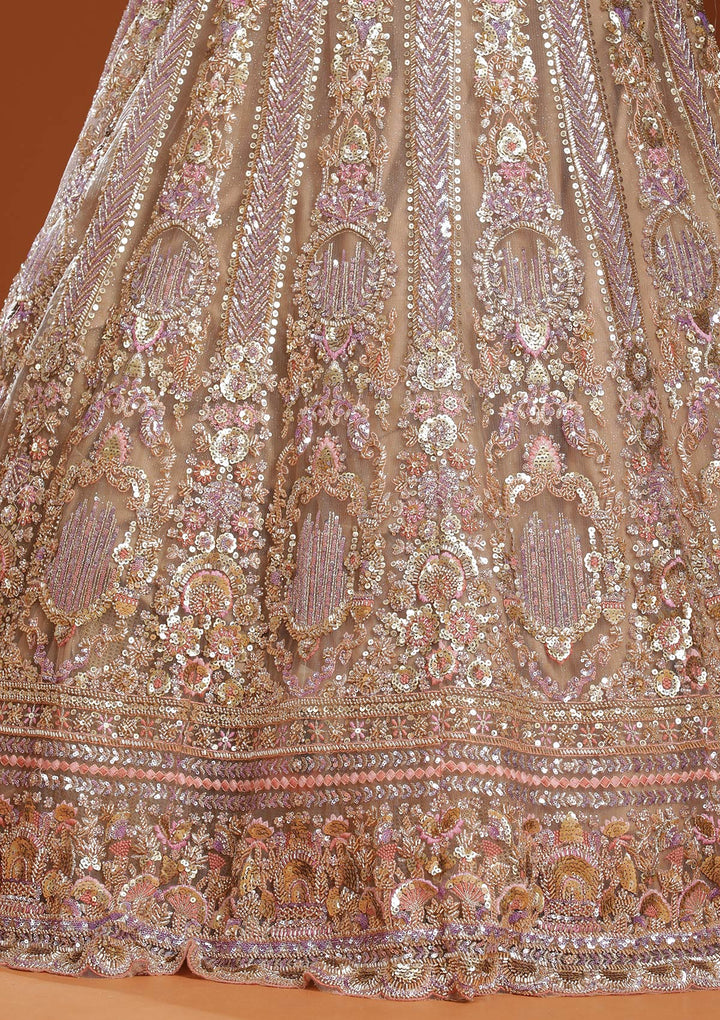 Light Peach Sequins Net Readymade Lehenga