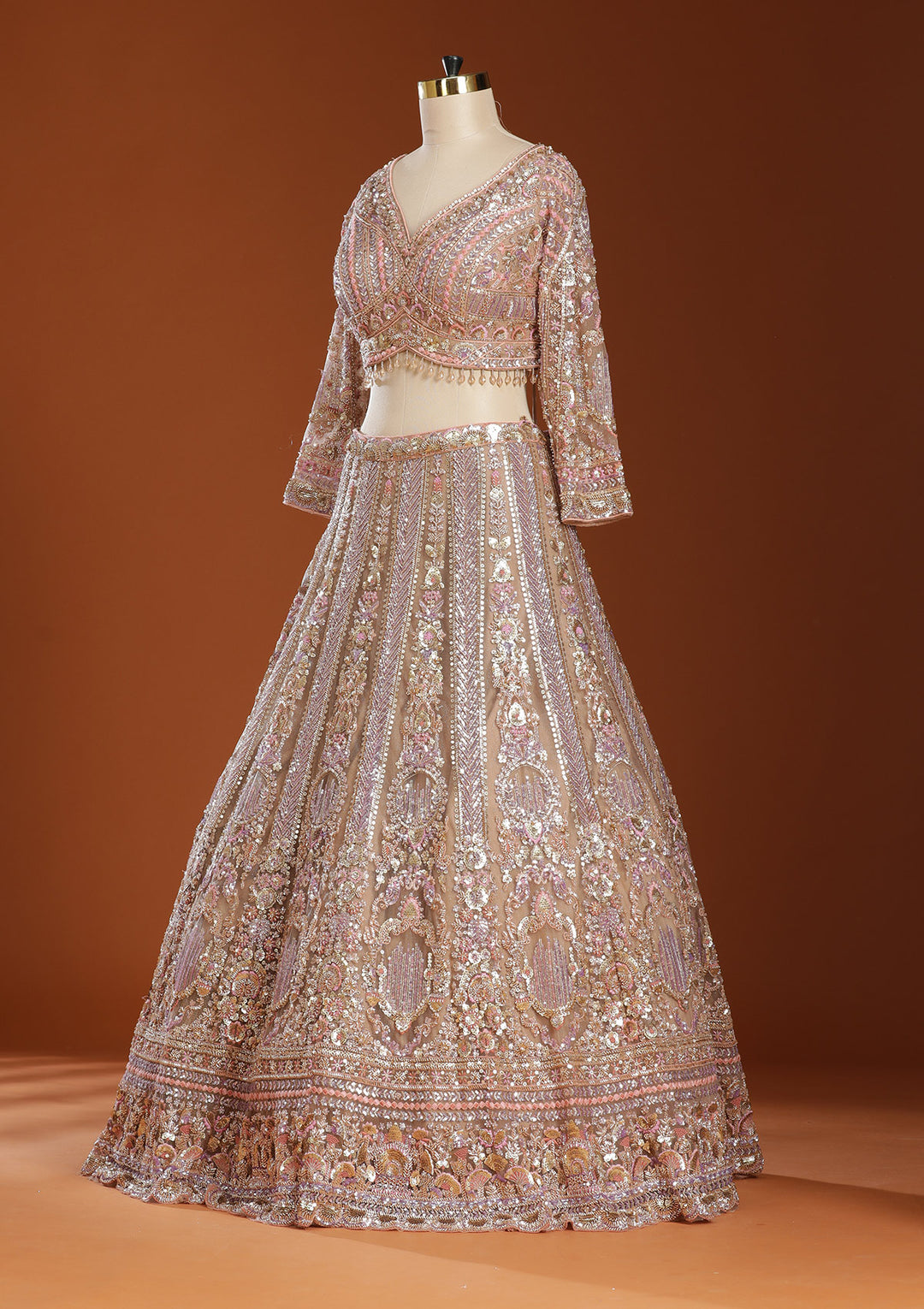 Light Peach Sequins Net Readymade Lehenga