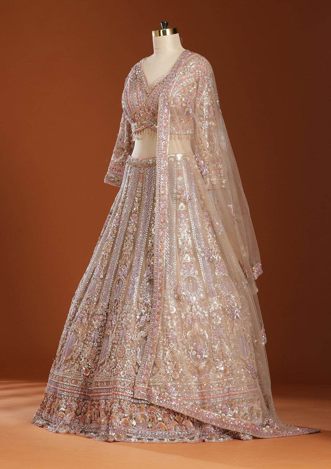 Light Peach Sequins Net Readymade Lehenga