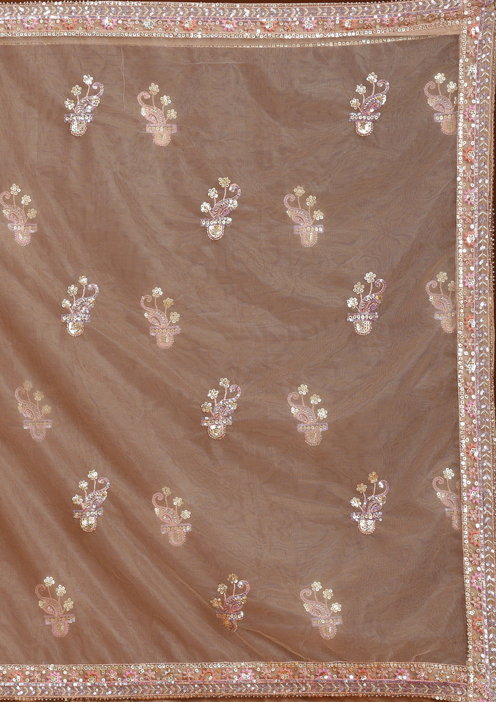 Light Peach Sequins Net Readymade Lehenga