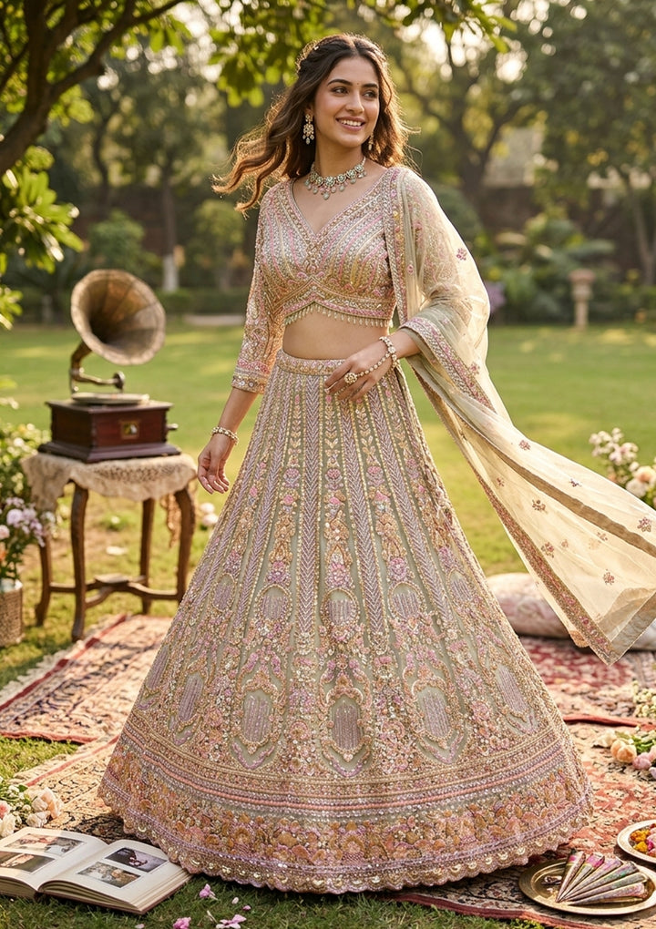 Pista Green Sequins Net Readymade Lehenga