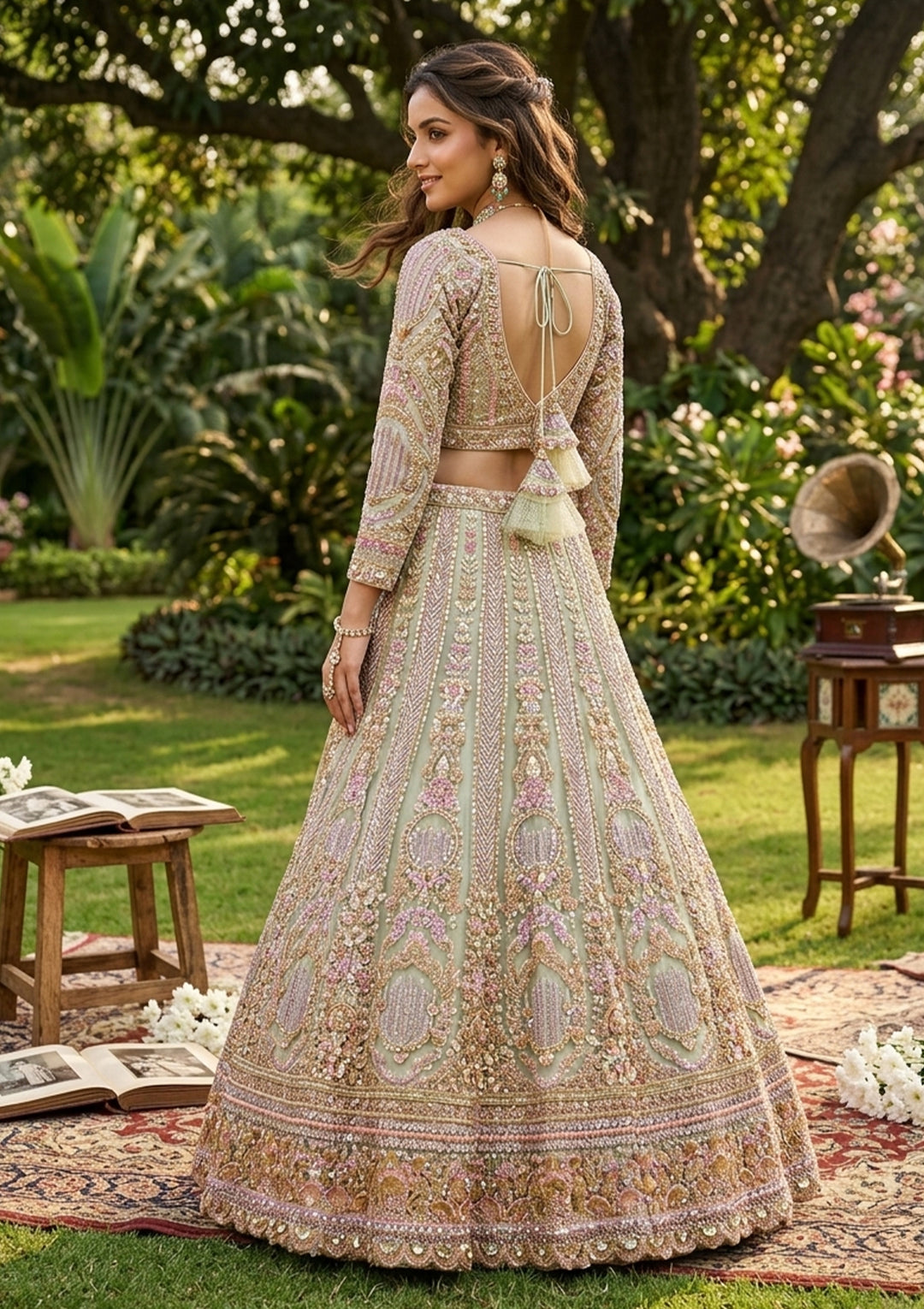 Pista Green Sequins Net Readymade Lehenga