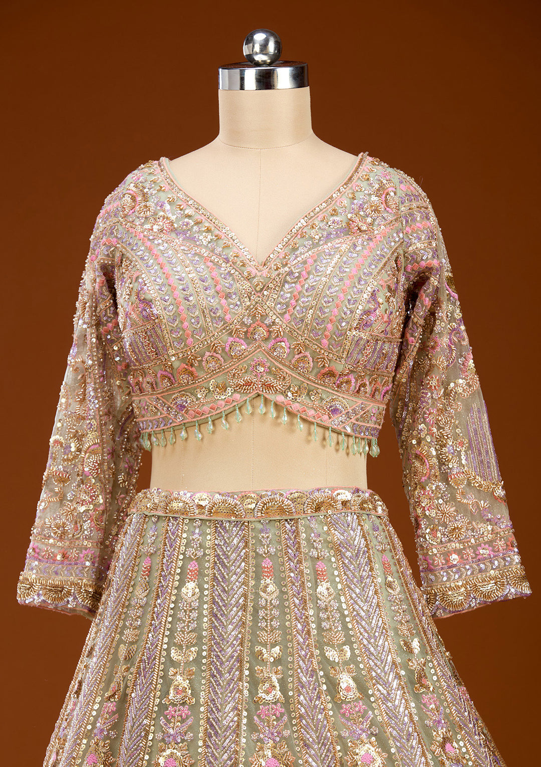 Pista Green Sequins Net Readymade Lehenga