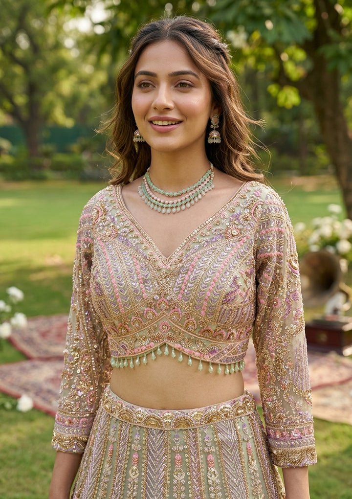 Pista Green Sequins Net Readymade Lehenga