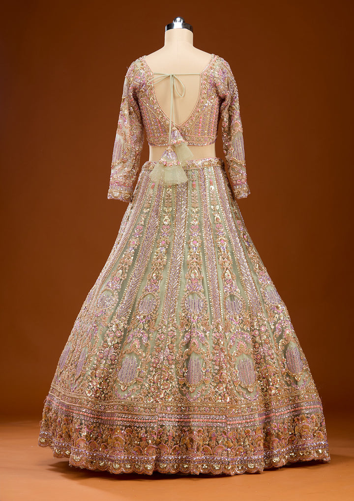 Pista Green Sequins Net Readymade Lehenga