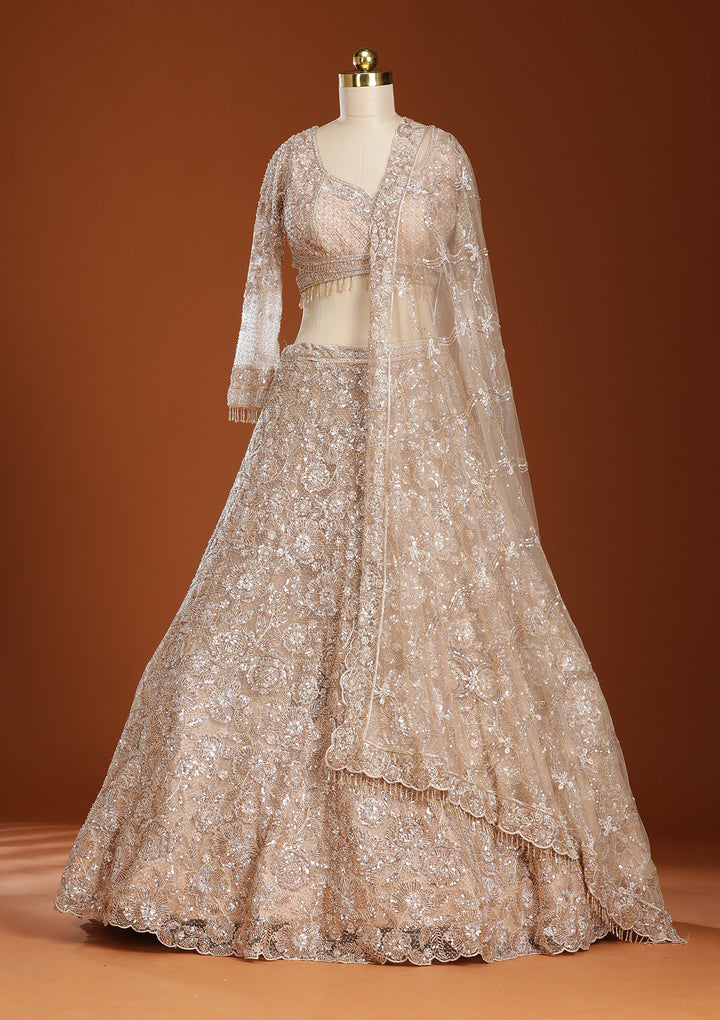 Beige Cutdana Net Readymade Lehenga