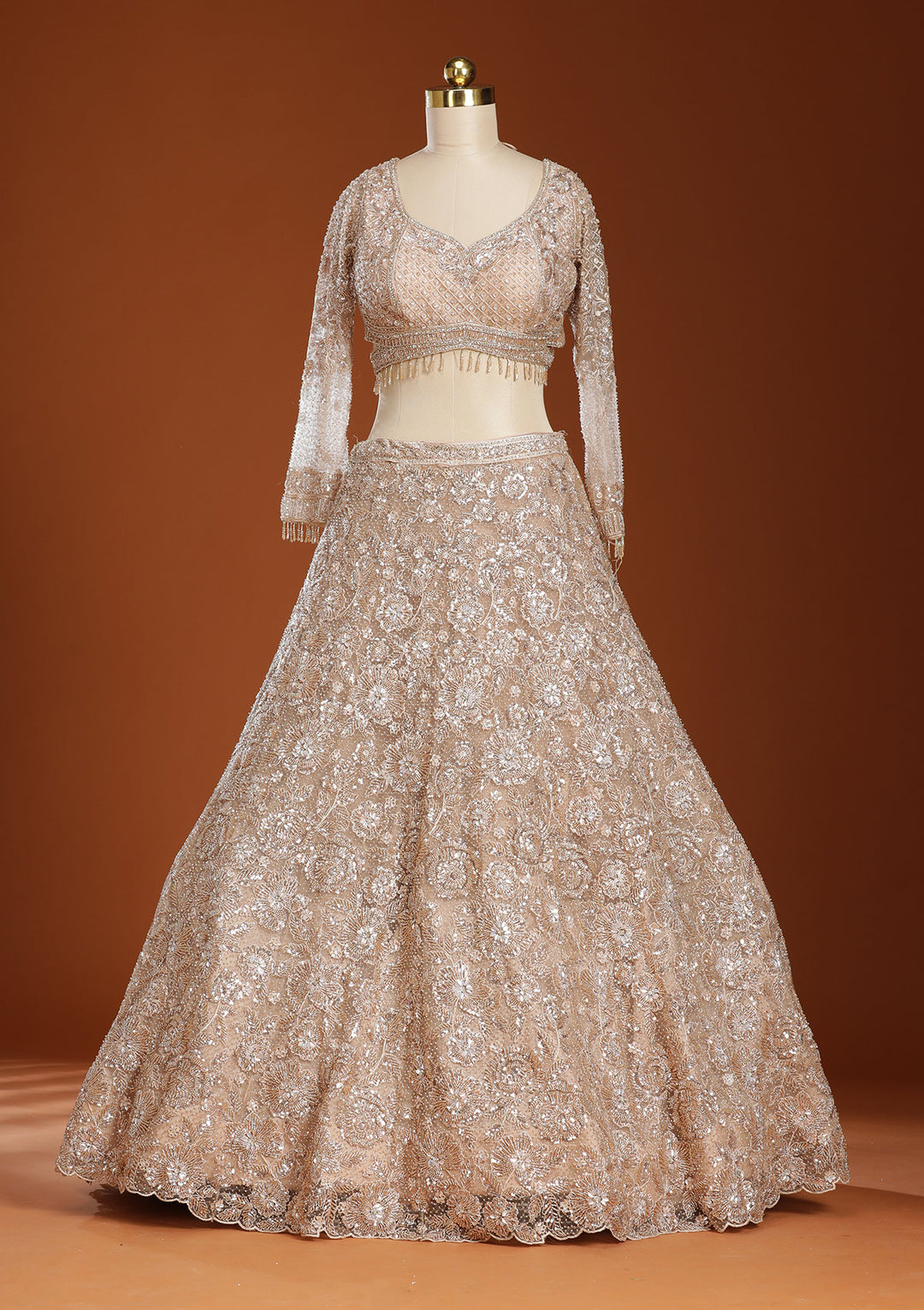 Beige Cutdana Net Readymade Lehenga