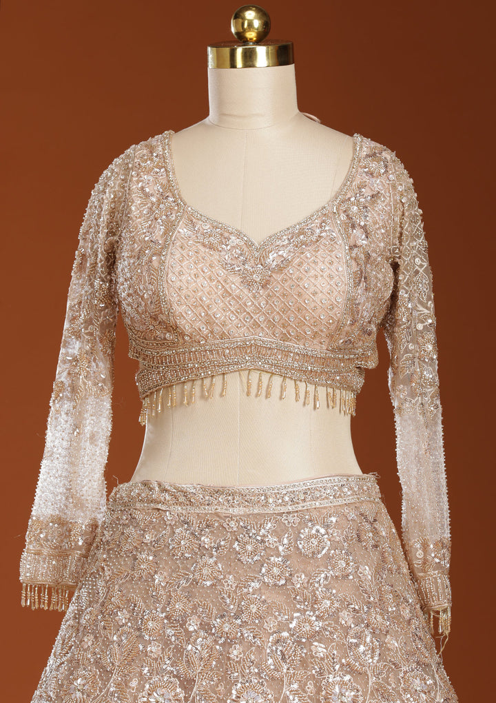 Beige Cutdana Net Readymade Lehenga