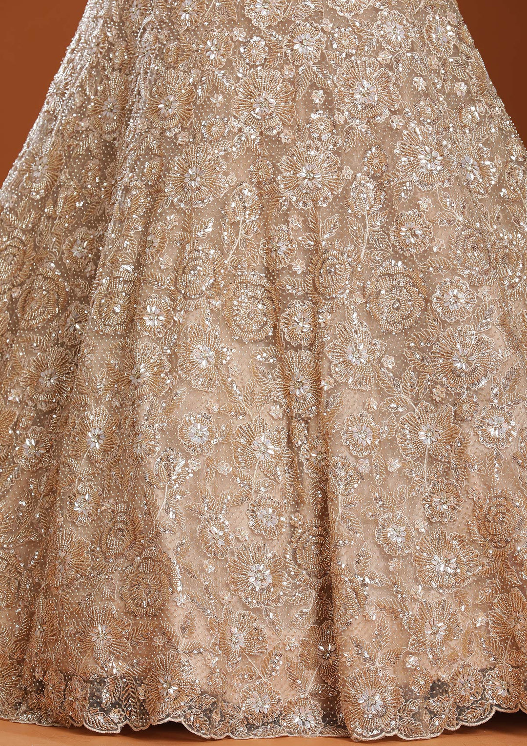 Beige Cutdana Net Readymade Lehenga