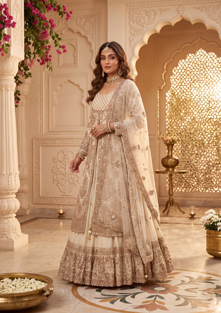 Cutdana Off White Tissue Stitched Lehenga Blouse With Dupatta