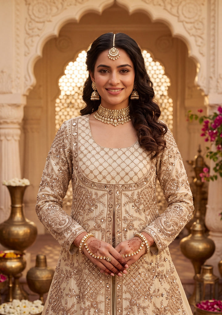 Cutdana Off White Tissue Stitched Lehenga Blouse With Dupatta