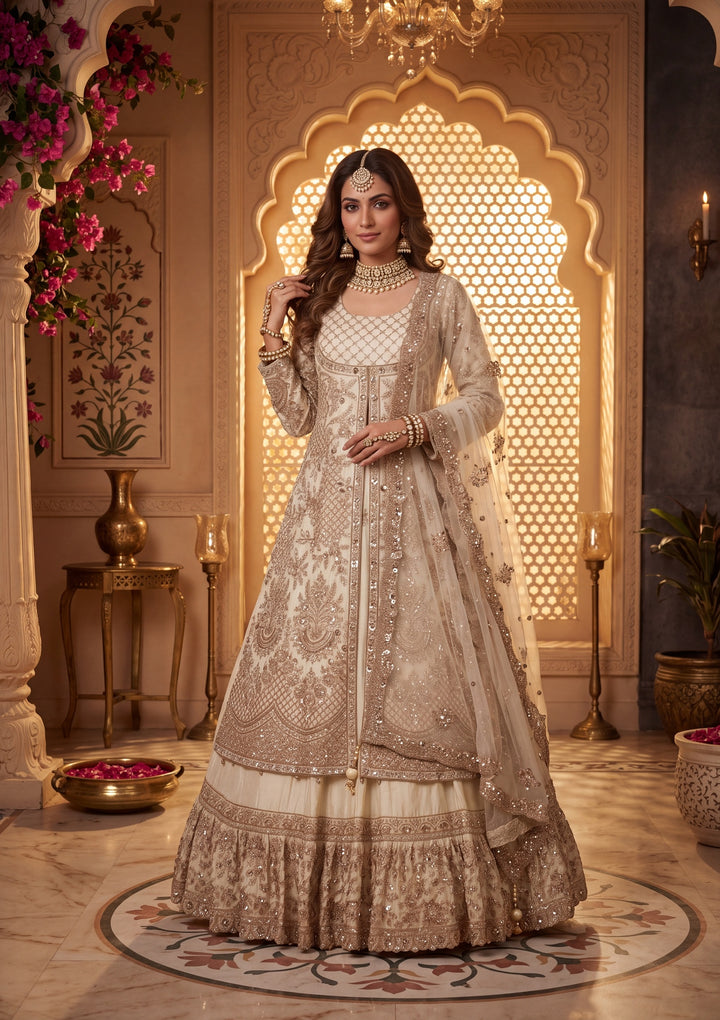 Cutdana Off White Tissue Stitched Lehenga Blouse With Dupatta