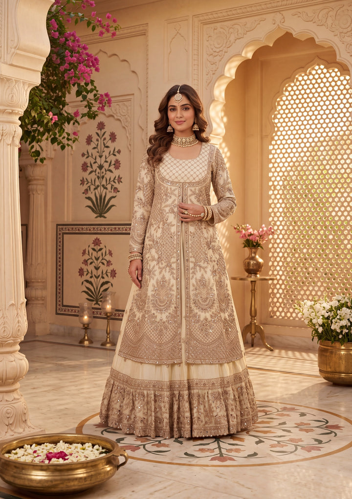 Cutdana Off White Tissue Stitched Lehenga Blouse With Dupatta