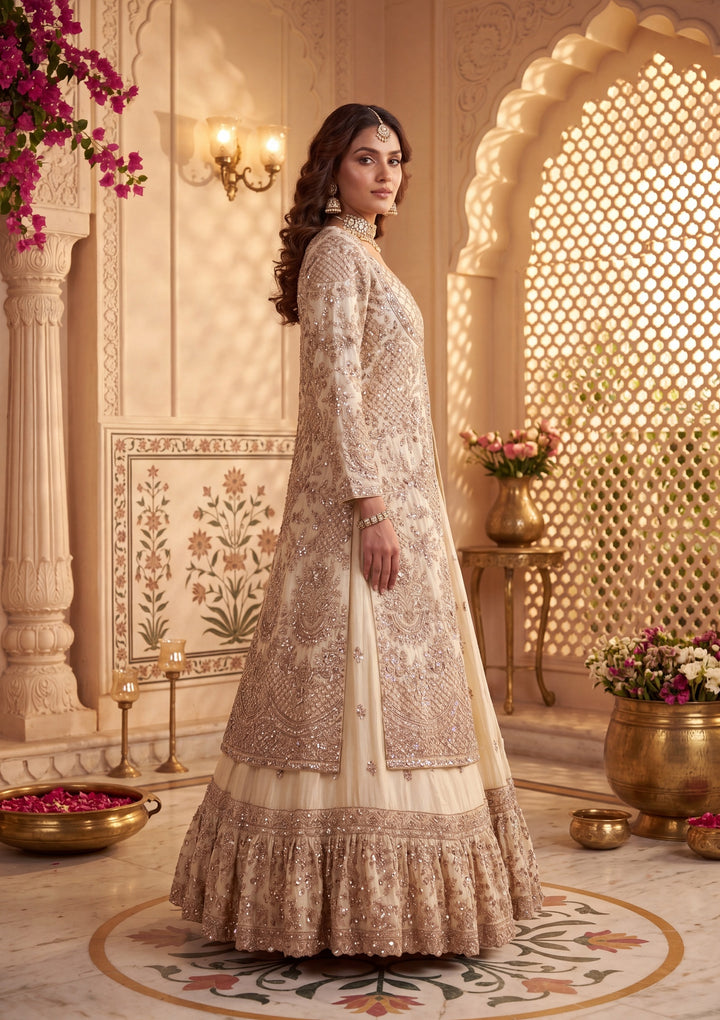 Cutdana Off White Tissue Stitched Lehenga Blouse With Dupatta