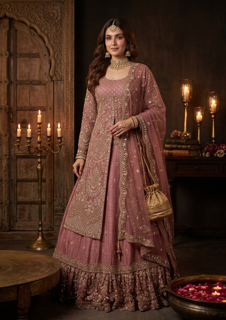 Cutdana Onion Pink Tissue Stitched Lehenga Blouse With Dupatta