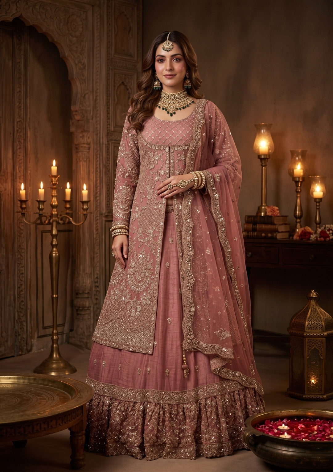 Cutdana Onion Pink Tissue Stitched Lehenga Blouse With Dupatta