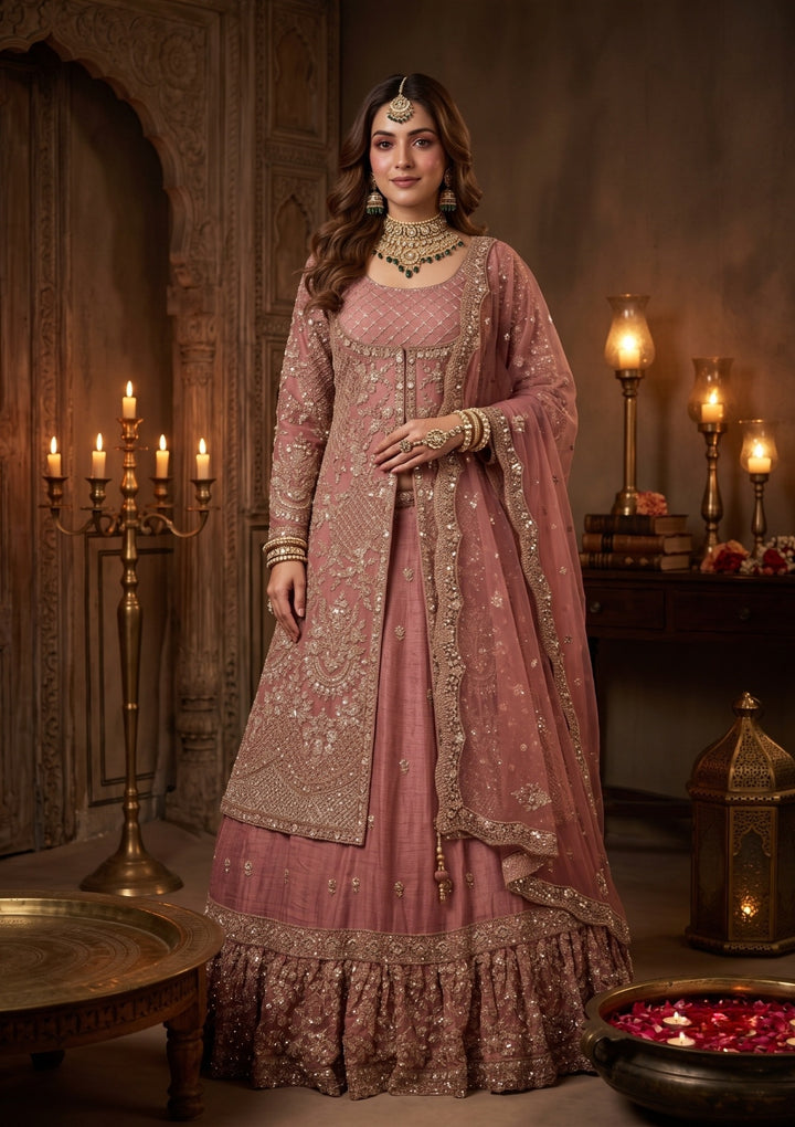 Cutdana Onion Pink Tissue Stitched Lehenga Blouse With Dupatta