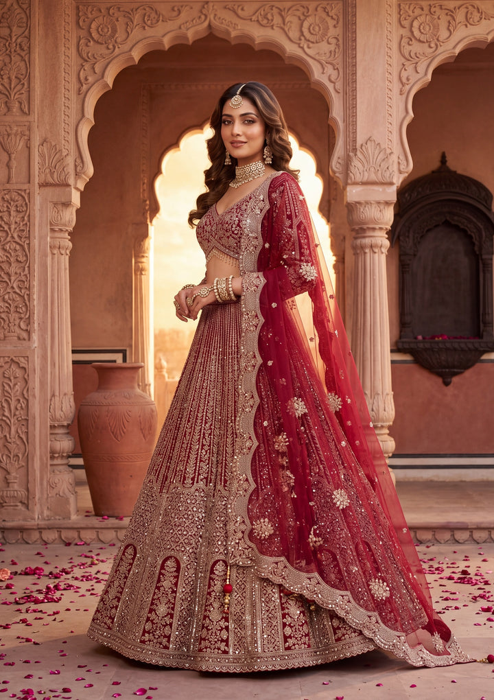 Gold Stonework Maroon Net Stitched Lehenga Blouse With Dupatta