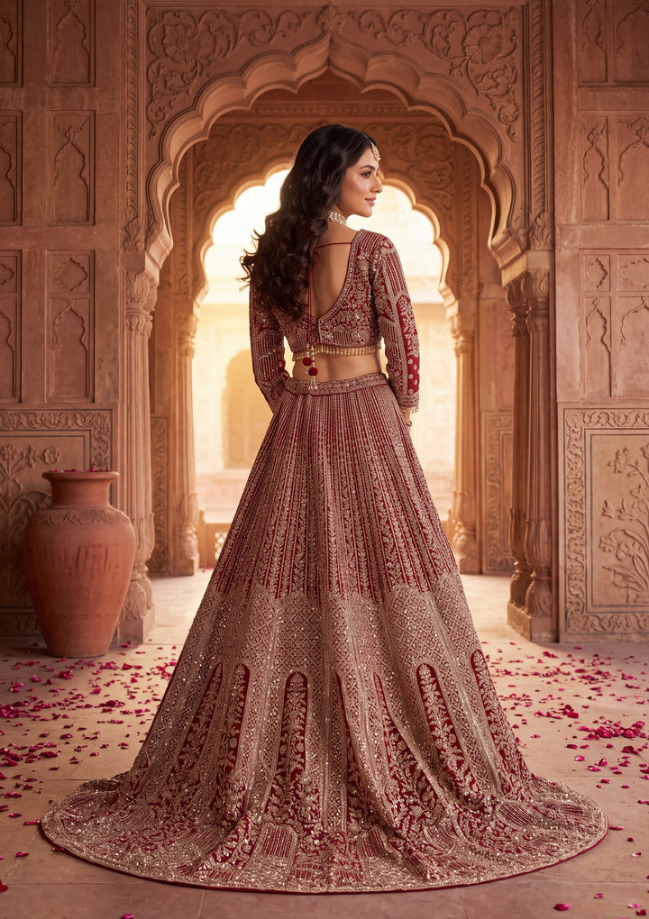 Gold Stonework Maroon Net Stitched Lehenga Blouse With Dupatta