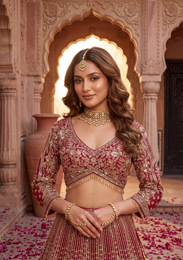 Gold Stonework Maroon Net Stitched Lehenga Blouse With Dupatta